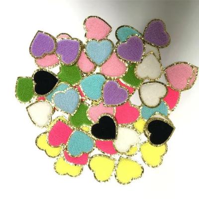 China Sustainable ZSY Lightning Glitter Self Adhesive Chenille heart patch Embroidered Iron On Custom Rainbow Patches for sale