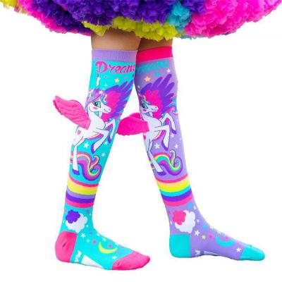 China Autumn Novelty Cute Colorful Unicorn 3D cartoon fashion soft cotton knee high toddler girls kids socks with wings for sale