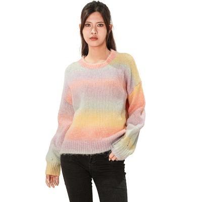 China Anti-wrinkle Autumn Winter Customize Rainbow Color Knitted Sweater Top Striped Women Sweater Long Sleeve Round Neck Sweater Women Sweater for sale