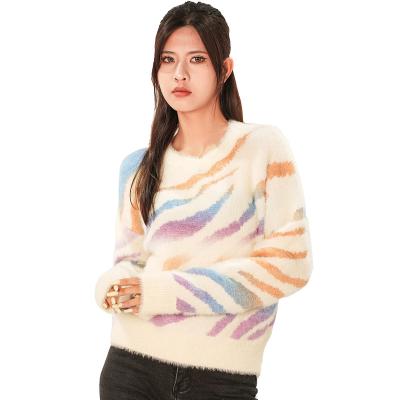 China Anti-wrinkle Autumn/Winter Jacquard Rainbow Color Striped Pullover Pattern Sweater Loose Fit Long Sleeve Casual Knit Women Sweaters 2022 for sale