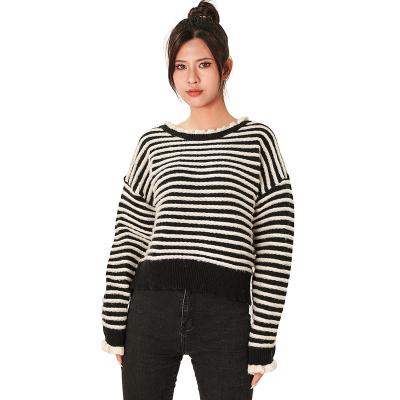 China Wholesale Women Black And White Striped Winter Anti-wrinkle Sweater Ladies Sweater O Neck Loose Knitted Loose Sweater for sale