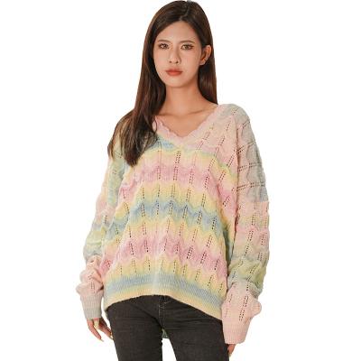 China Custom Tie Dye Long Sleeve Sweater Women V-Neck Pullover Women Anti-wrinkle Long Sleeve Fashion Knitwear for sale