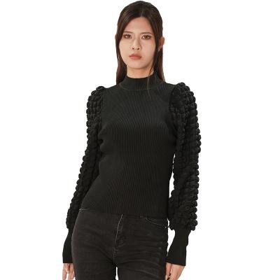 China Anti-wrinkle custom solid-color long sleeve spliced ​​tortoise half neck women's sweater thin puffed sleeve knit women's pullover for sale