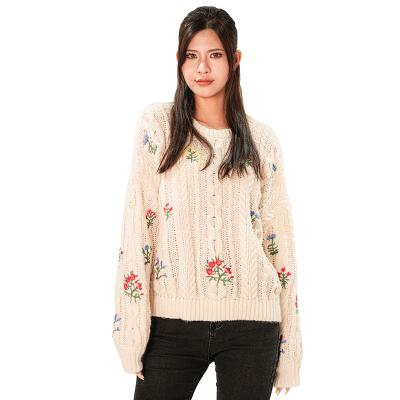 China Fashion Custom Anti-Wrinkle Crew Neck Knit Floral Women Sweater Long Sleeve Embroidery Knitted Sweater for sale