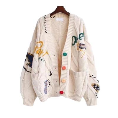 China Anti-Wrinkle Custom V-Neck Embroidery Ladies Knit Jacket Jacquard Loose Tailored Women Cardigan Sweater for sale