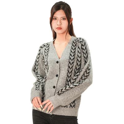 China Custom Fashion Anti-wrinkle Loose V-Neck Women's Jacquard Sweater Knitted Long Sleeve Button Cardigan Sweater For Women for sale