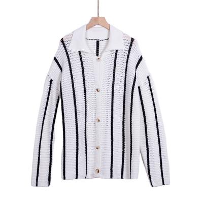 China jacquard knitted sweater womens long sleeve cardigan wool black white striped cardigan sweater customized parride sweater women dress for sale