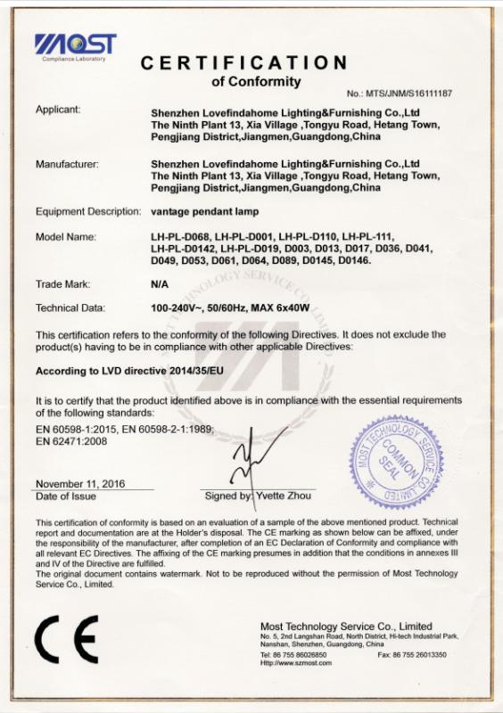 CE - Shenzhen Lovefindahome Lighting & Furnishing Company Limited