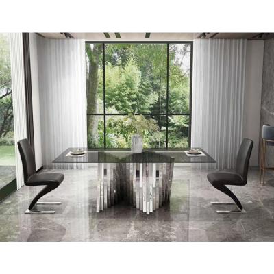 China Hot Sale Custom Dining Room Luxury Modern Rectangle Restaurant Adjustable Silver Glass Top Stainless Steel Dining Table Set (Other) for sale