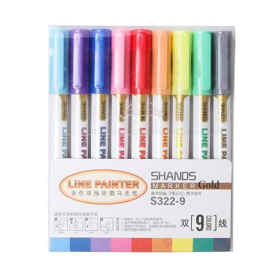 China Double line outline pen 9 colors marker highlighter color marker fluorescence pen for sale