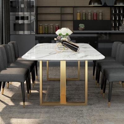 China Customizable Modern HD Designs 10 Seater White Marble Top Laminate Dining Tables Stainless Steel Legs Dining Tables for sale