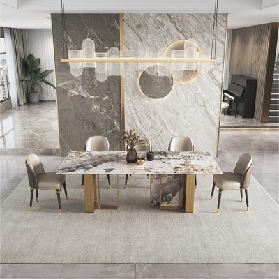 China Customizable Gold Luxury Popular Marble Top Base Italian Design 8 Seater Stainless Steel Dining Table Set for sale