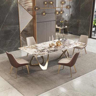 China Other Home Gold Furniture Metal 6 Seater Rectangular Marble Top Dining Table and Chairs Sets Dining Table for sale