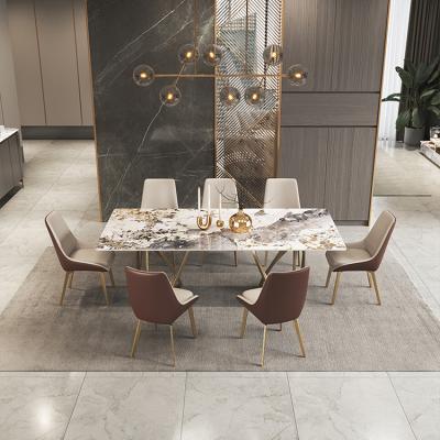 China Other Modern Dining Sets Design Luxury Tone Table Furniture Italy Gold Top Square Dining Table 8 Chairs for sale