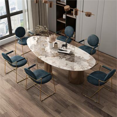 China Customizable Stainless Steel 3 Top Oval Legs Stone Design Italy Dining Furniture Set Marble Modern Dining Table Set 6 Chairs for sale