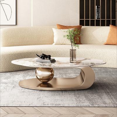 China Fashion elegant design round ball gold stainless steel coffee table waterproof outdoor modern Nordic marble top oval for sale