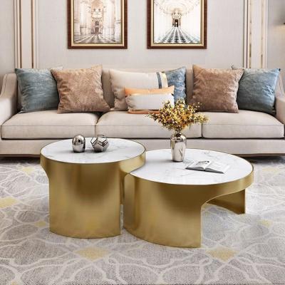 China Other Factory Price New Design 2 Pcs Oval Modern Tea Table Living Room Furniture Chipboard Stone Gold Coffee Tables Top Metal Base Set for sale