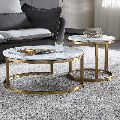 China Wholesale Customizable Gold Stainless Steel Round Center Table Cheap Luxury Design Coffee Table Marble Top Set for sale