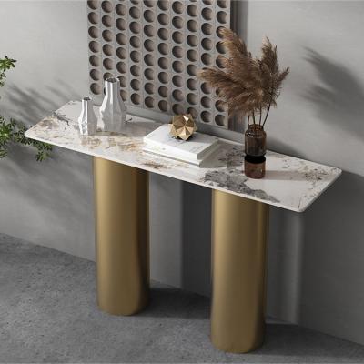 China Other Modern Home Design Console Table Black And Gold Two Legs Italy Metal Design Round Elegant Entry Table Marble And Stainless Steel for sale