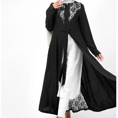 China MUSLIM WAIST TIE FULL FRONT BLACK KIMONO OPEN LACE ABAYA SL for sale