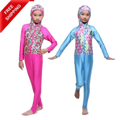 China SIPO 2022 Turkish Girls Kids Breathable Floral Or Color Islamic Swimwear Dots Stitching Design One-Piece Muslim Swimwear For Kids for sale