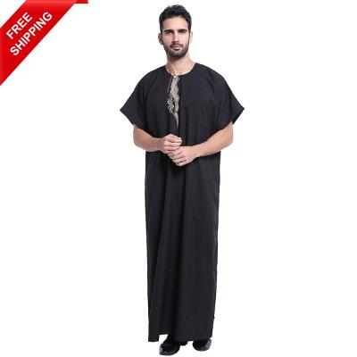 China FREE SHIPPING Summer Traditional Embroidery Muslim Men Thobe Breathable Short Sheath Muslim Islamic Long Dresses Clothing Thobes For Men Daily Wear for sale