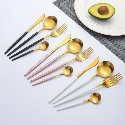 China Sustainable Luxury Flatware Gold And Black Painted Titanium Stainless Steel Hotel Wedding Flatware Set for sale