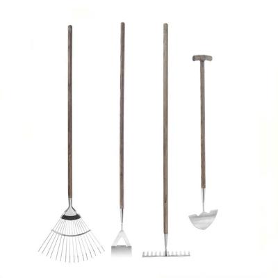 China Garden rake Cultivater stainless, dutch hoe, half moon edger, leaf rake, FSC ash wood handle for sale