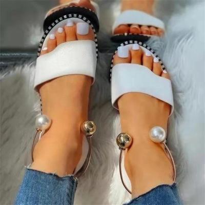 China 2021 New Style Fashion Summer Fashion Pearl Leisure Pearl Open Toe Stitching Slingback Ankle Strap Flat Sandals For Women for sale