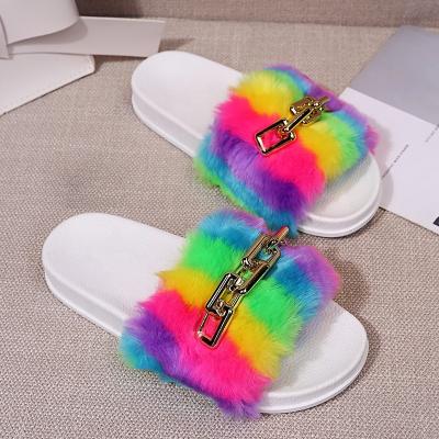 China SHOCK ABSORBING Ladies Summer Women Rainbow Chain Faux Fur Slippers Open Toe Fuzzy Slide Sandals Dropshipping for sale