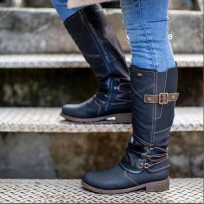 China 2021 Anti-Smell Women British Style Fashion High Top Knee High Boots Ladies Round Toe Slip On Flat Cowboy Boots for sale