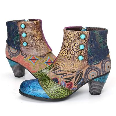 China Around 2022 Winter Women Around Western Cowboy Booties Madame Block High Heel Toe Patchwork Button-Accent Ankle Boots for sale