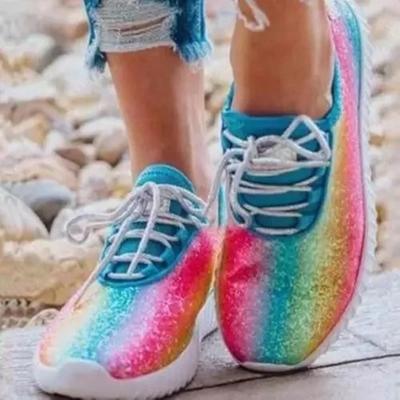 China 2021 New Arrival Rainbow PU Ladies Lace Up Women Soft Sole Flat Tennis Sneakers Sports Running Shoes for sale