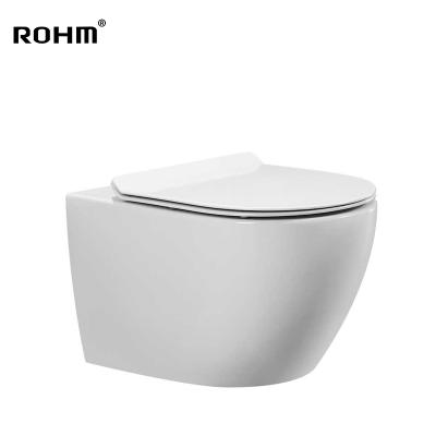 China RB-8002 Eco-Friendly Stocked High Quality Wall-hung Ceramic Sanitary Rimless Toilet Modern Design Bathroom Toiletries for sale