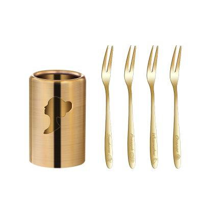 China Hot Selling Stocked Inverted Fruit Fork Tuning 304 Stainless Steel Gold Fork Set For Cake And Fruit for sale