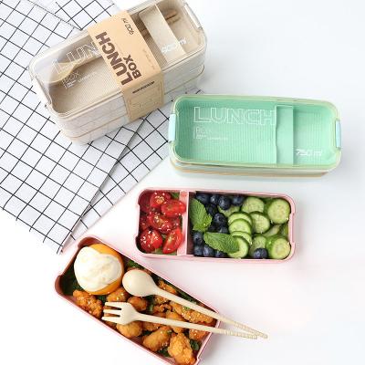 China Three-Layer Student Lunch Box Outdoor Creative Viable Picnic Storage Box Japanese Bento Box With Spoon And Wheat Straw Fork for sale