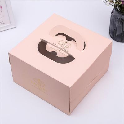 China Disposable Transparent Windows Birthday Cake Packaging Pink Square Paper Cake Box With Handle for sale