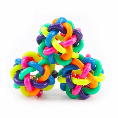 China Sustainable Wholesale Pet Toys Colorful Bell Woven Balls Pet Latex Toy for sale