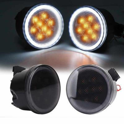 China Round Plastic ABS OVOVS Front Turn Signal LED Lights with White Halo Amber Lights Smoked Lens for Wrang-ler for sale