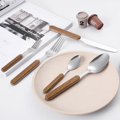 China Viable Manufacturer Custom Nordic Style Graves 430 Stainless Steel Spoon Fork Knife Wooden Cutlery Set for sale