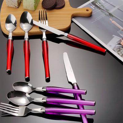 China 20 Years Factory Colorful 430 Stainless Steel Handle Plastic Western Festival Disposable Cutlery Set for sale