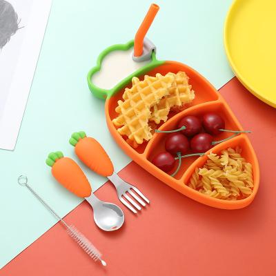 China Goods Wholesale Silicone Cartoon Style Carrot Kids Divided Dish Eating Kids Training Tableware Set for sale