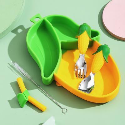 China New Moq Design Cartoon Kids Corn Low Divided Dish Baby Silicone Tableware Feeding Set for sale