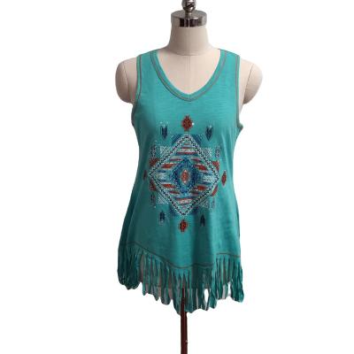 China Anti-wrinkle Cotton Women's Casual Tank Tops Cowgirl V-neck Fringe Edge Print Aztec Women's Tank Tops for sale