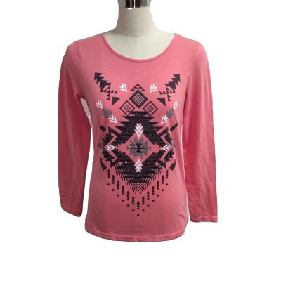 China Anti-Wrinkle Spring Autumn Casual Long Sleeves Women's T-Shirt Washed O Neck Aztec Printing T Shirt For Women for sale