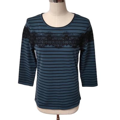 China Anti-Wrinkle Black And Navy Striped T-shirt Women's Lace Dyed Cotton Fabric Lace Up Women's T-shirts for sale