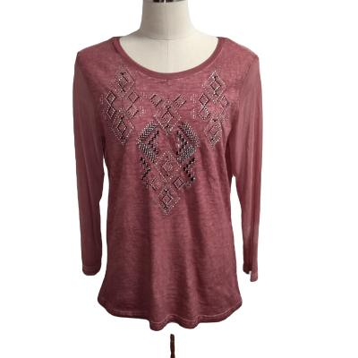 China Anti-wrinkle Spring Casual Autumn Long Sleeves Women's T-shirt Washed O Neck Embroidery Aztec T Shirt For Women for sale