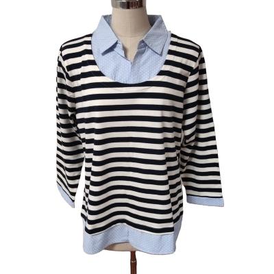 China Black And White Striped Anti-Wrinkle T-shirt Women's Patch Dyed Long Sleeve Women's Patch Cloth T-Shirts for sale