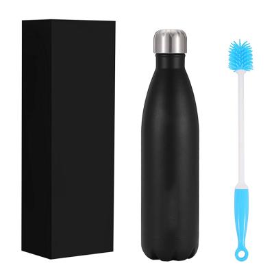 China 350ml Vacuum Shaped Black Cola Viable 500ml 750ml Insulated Double Wall Stainless Steel Water Bottle With Brush for sale