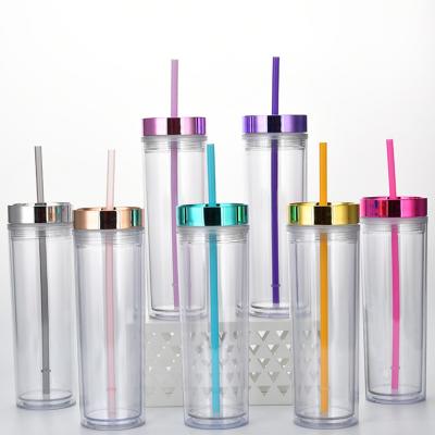 China BPA Free Sustainable Plastic Skinny Tumblers 16 oz Insulated Clear Acrylic Tumblers With Lid And Reusable Straw for sale